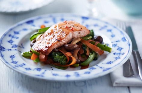 Sweet chilli salmon with stir fry vegetables recipe