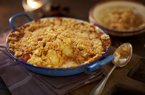 A festive crumble with toffee and ginger, enjoy whilst warming yourself by the bonfire.