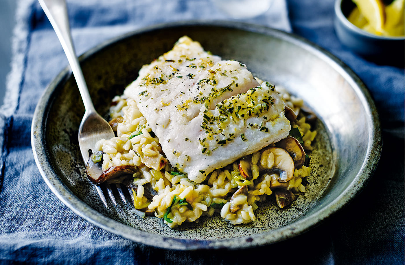 Hake with mushroom risotto recipe
