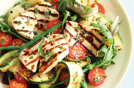 With only 10 mins cooking, this colourful salad is the perfect summer dish. Halloumi with a hint of chilli, fresh courgettes, green beans and tomato combine perfectly for a wonderful mixture of textures and tastes. Finish with a drizzle of homemade dressing.