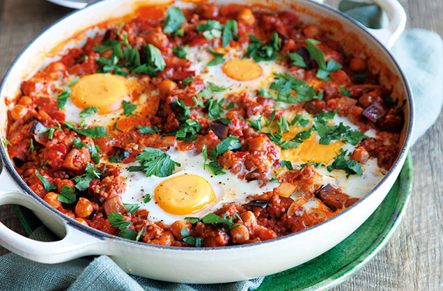 One-pot harissa-spiced aubergine and eggs recipe