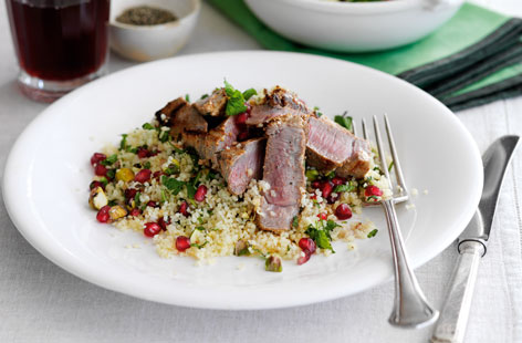 Having lunch al fresco? Try this summery harissa and yogurt marinated lamb with pomegranate, mint and pistachio couscous salad. It's ready in minutes but for the best results, marinate the lamb overnight.