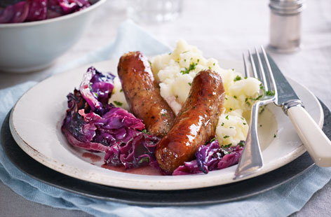 Make these herby sausages with red cabbage and mash when you are in need of some comfort food.