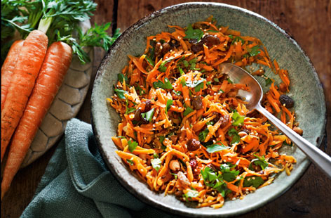 This colourful salad is the ideal barbecue side and combines grated carrot with sultanas, almonds and toasted sesame seeds.
