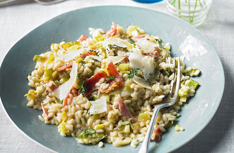 Leek and bacon risotto with fresh thyme recipe