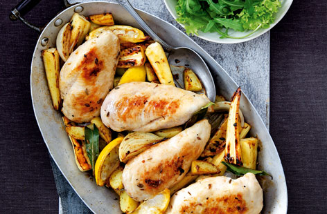 This quick one-pot chicken, lemon and potato dish cooks in less than thirty minutes. The only peeling and chopping you'll have to do is with the veg. All the ingredients are then tossed together in one tray and baked in the oven.