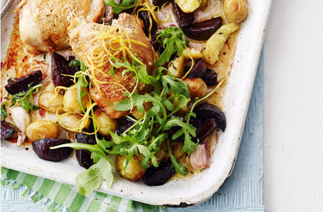 This delightful roast chicken dish is enhanced by aromatic thyme, earthy beetroot and zesty lemon