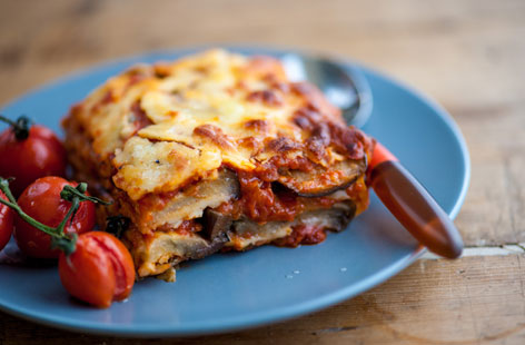 Marcello Tully’s cheese and tomato aubergine bake will see kids stirring, grating, sprinkling and layering