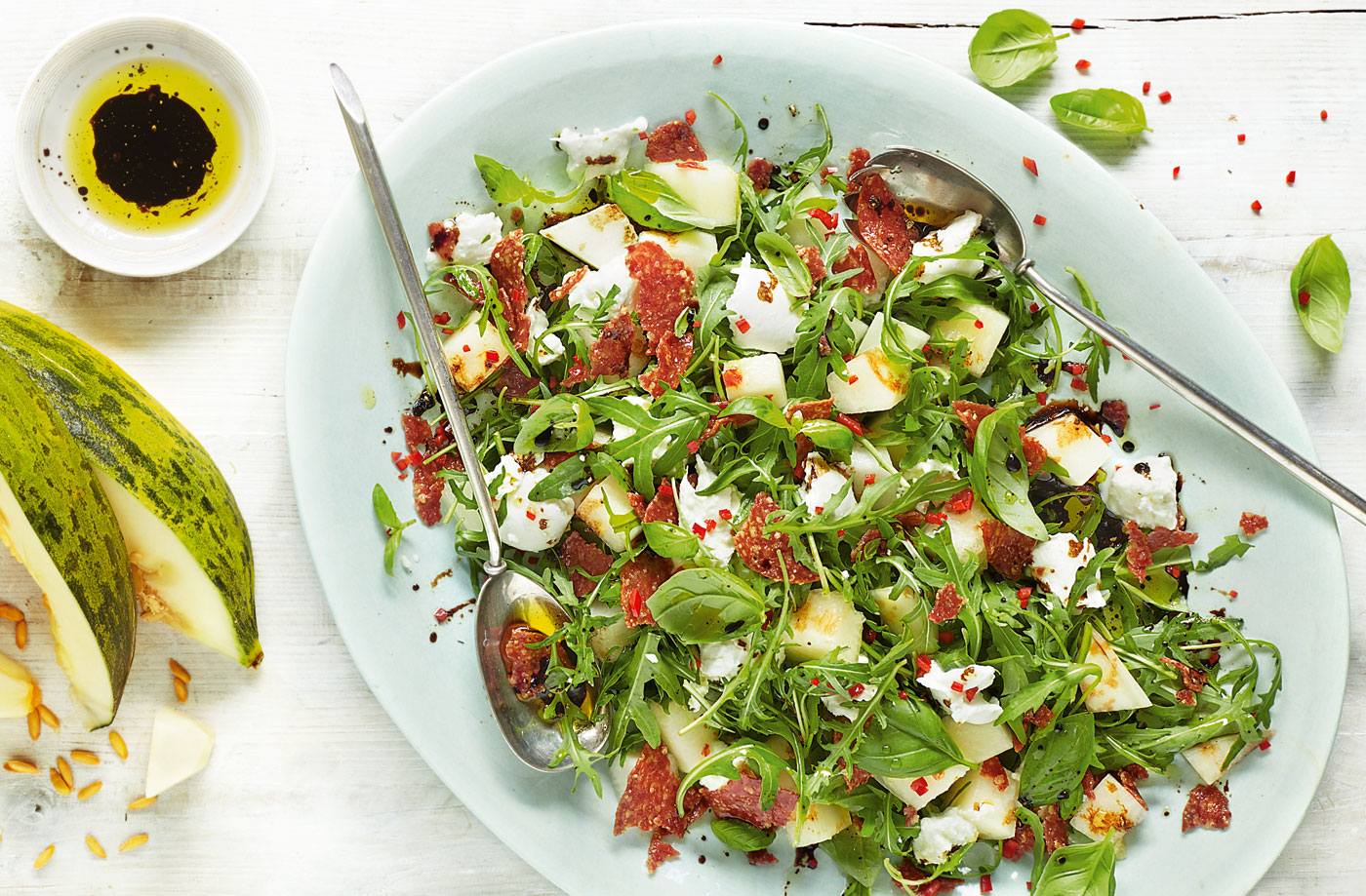 Melon, mozzarella and salami salad recipe