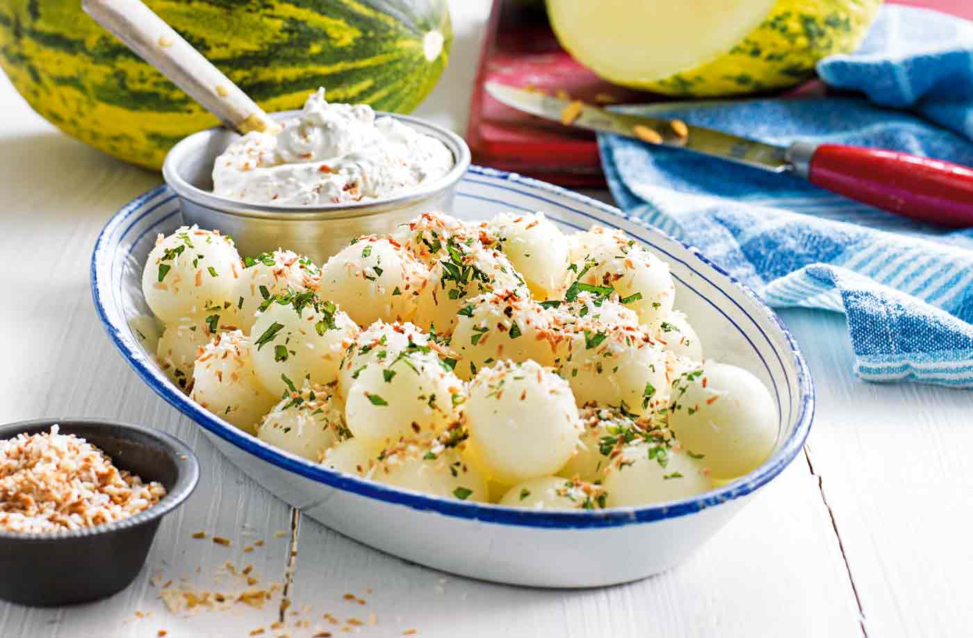 Melon ball salad with vanilla mint syrup and toasted coconut cream recipe