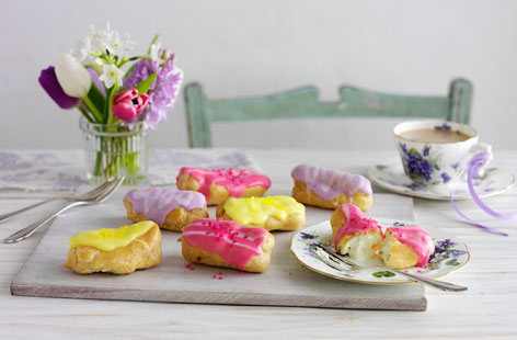 The ultimate Mother's Day indulgence - light choux pastry filled with whipped cream and topped with sweet, vibrant icing. Perfect alongside a warming cup of tea