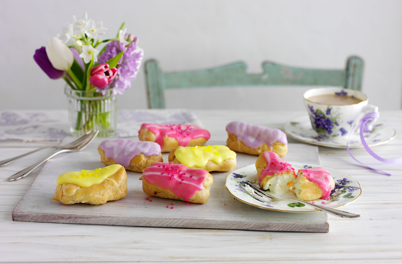 Mini eclairs with coloured icing recipe