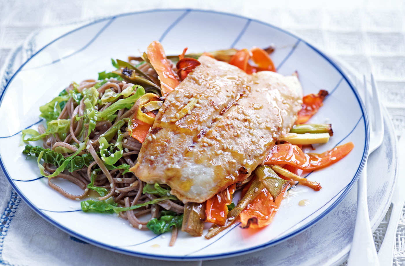 Miso fish with sesame noodles and greens recipe