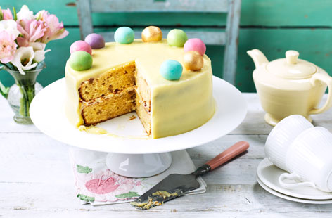 A modern-twist on the classic simnel cake which is traditionally eaten at Easter. This gorgeous, colourful cake combines a subtle blend of lemon and ginger, which perfectly complements the creamy, smooth white chocolate icing