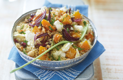 Orange zest, fresh mint and toasted hazelnuts make this butternut squash and couscous salad an exciting treat for all, veggie or no. Sprinkle the vegetables with Ras al hanout before roasting for an authentic moroccan aroma.