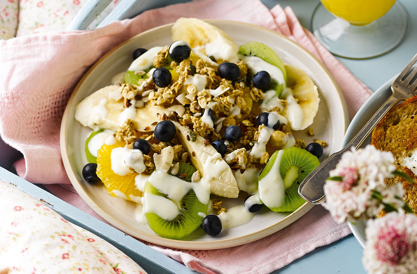 Fruit salad plate with yogurt and granola recipe