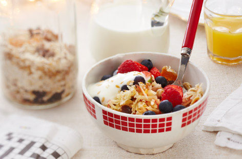 Get more than a third of your recommended fibre intake by breakfast time with a bowl of gluten-free granola, which combines rolled oats with plenty of dried fruit, nuts and seeds.
