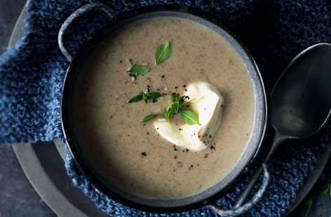 A rich, nutty and comforting autumnal soup with a creamy mushroom texture and a dollop of creme fraiche for added decadence. A warming lunch for a chilly day. Perfect served with a hunk of crusty bread.