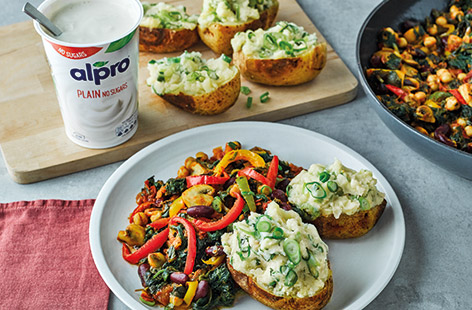 A raid of the veggie drawer, and a few tins later, he’s ready to roll. Piled onto crispy jacket potatoes stuffed with a creamy Alpro filling, it’s a winner with the whole family. 