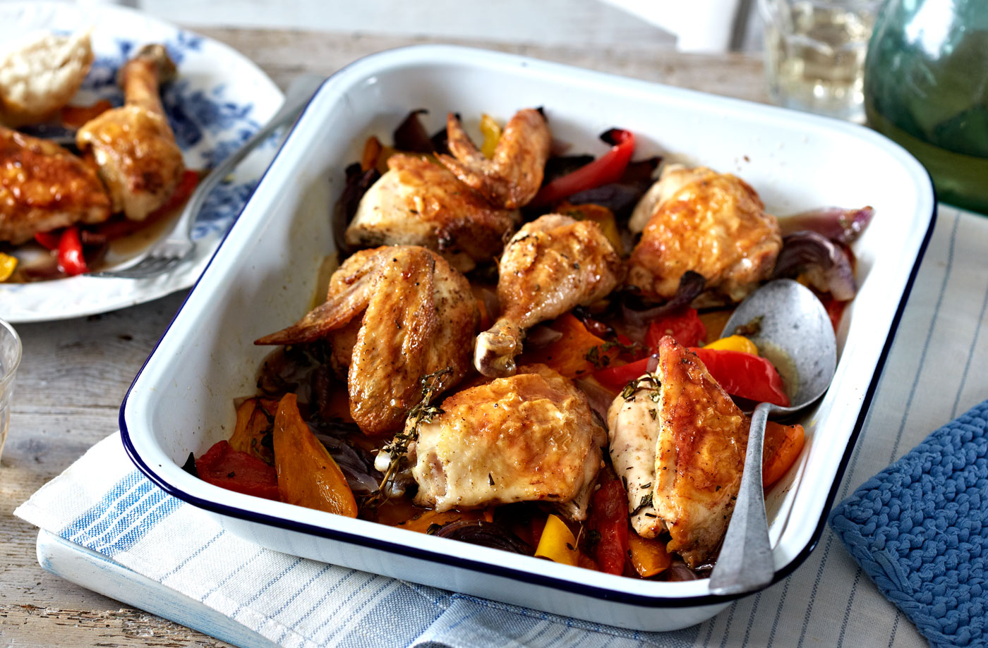 One-pan jointed chicken with red onion and sweet peppers recipe