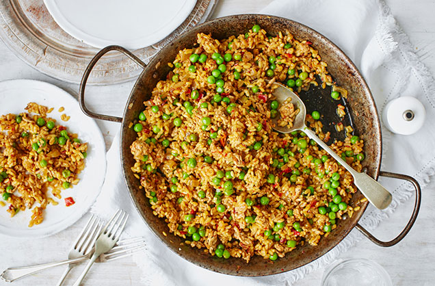 Friday: One-pot pork and pea paella
