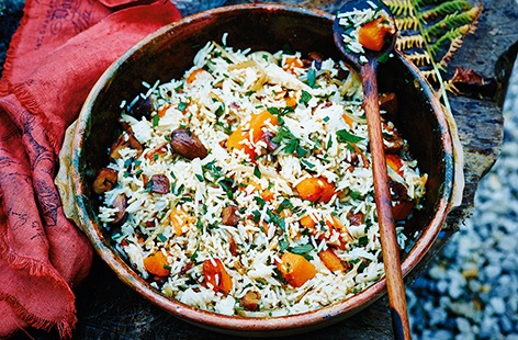 This hearty rice recipe is packed with sweet onions, chestnuts and pumpkin for a delicious autumnal dish
