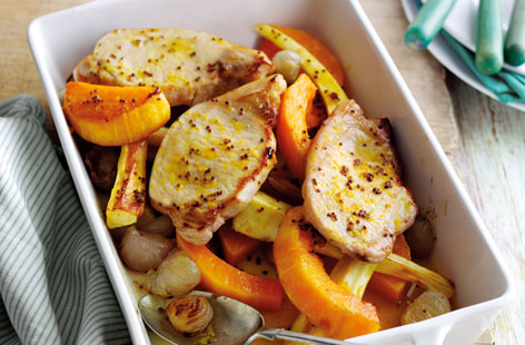 Warm up a cold autumnal evening with this lovely pork dish, that takes less than half an hour to make. Honey, mustard and orange are a great combination and one that reallly enhances the flavour of the pork. Enjoy with baked squash, parsnips and shallots.