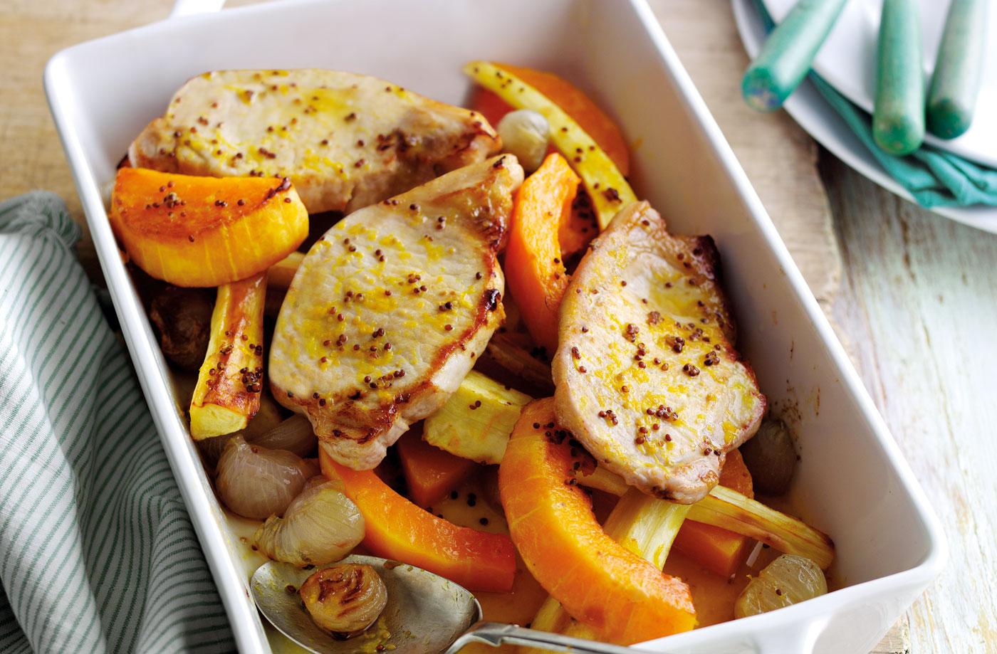 Orange and mustard pork with squash, parsnips and shallots recipe