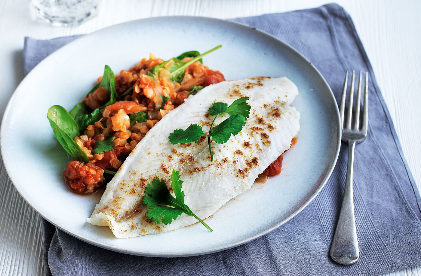 Pan-fried cobbler with red lentil and spinach dhal recipe