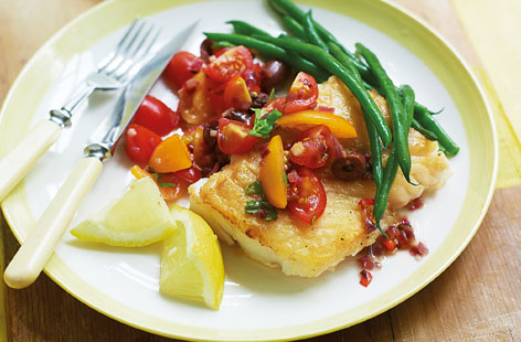 This pan-fried cod with warm tomato salsa is guaranteed to please fans of the classic flavours from the Mediterranean. Kalamata olives and cherry tomatoes are cooked with onions and chilli, then spooned over the fish. Perfect served with crunchy green beans.