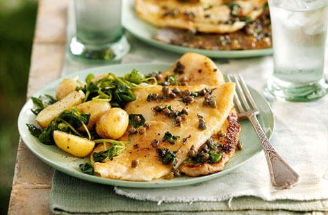 A light and refreshing dressing comprised of butter, capers, parsley and a generous squeeze of lemon juice is what makes this pan-fried lemon sole recipe so moreish. Serve with a buttery side of new potatoes and watercress.