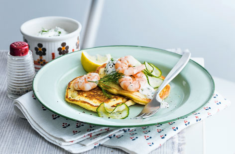 For a fresh take on brunch, look no further than these Scandi-inspired buttermilk pancakes with king prawns and dill. Serve with thin slices of crunchy cucumber and a scoop of peppery horseradish cream