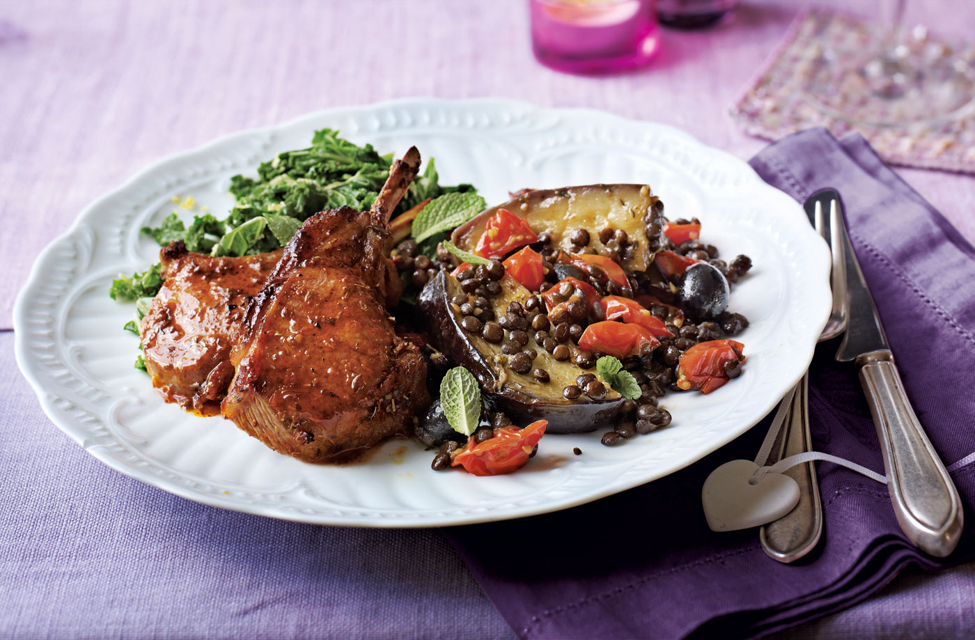 Paprika lamb cutlets with roasted aubergine, tomato, lentils and kale recipe