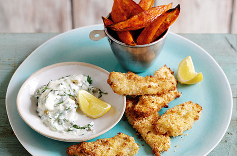 Plaice goujons with sweet potato wedges and tartare sauce recipe