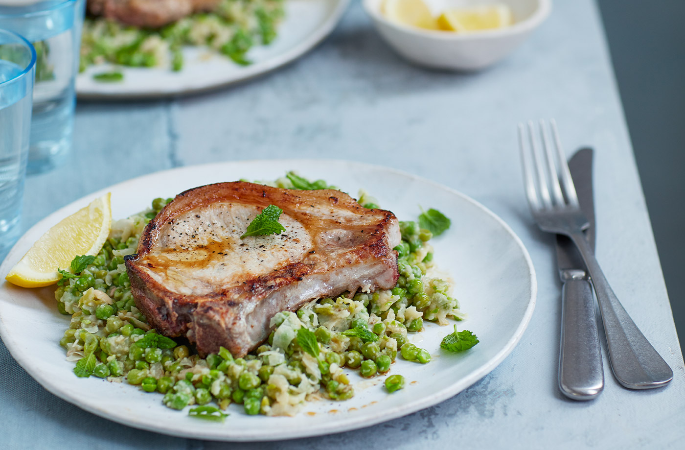 Pork chops with bean and pea mash recipe