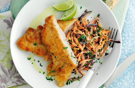 Pork escalopes with coleslaw recipe