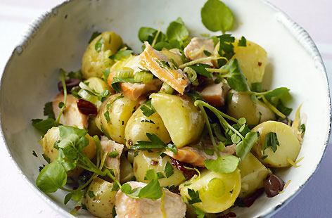 Buttery new potatoes, zingy lemon and sweet succulent salmon are paired together in this hearty salad for a real taste of summer. With only five minutes needed to prep, throw in some sundried tomatoes and olives for a sunny Mediterranean flavour.