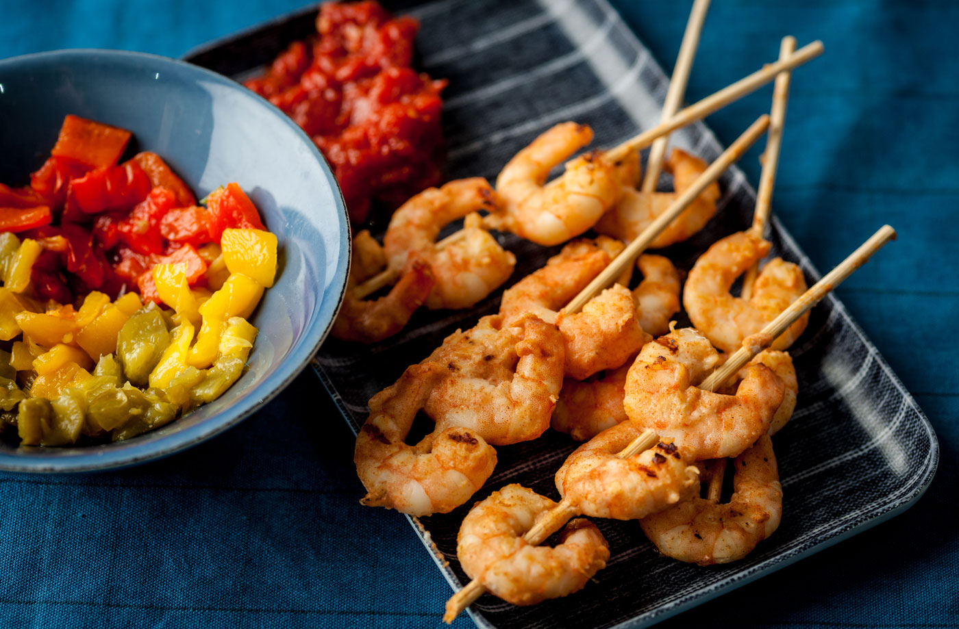Alfred Prasad's prawn skewers with tomato chutney and roast peppers recipe