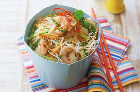 Aromatic and crunchy, this prawn noodle salad is packed with zest and spice. Only the noodles require cooking for this easy treat of a dish, however it is best made a day in advance if you prefer raw vegetables to be on the softer side.