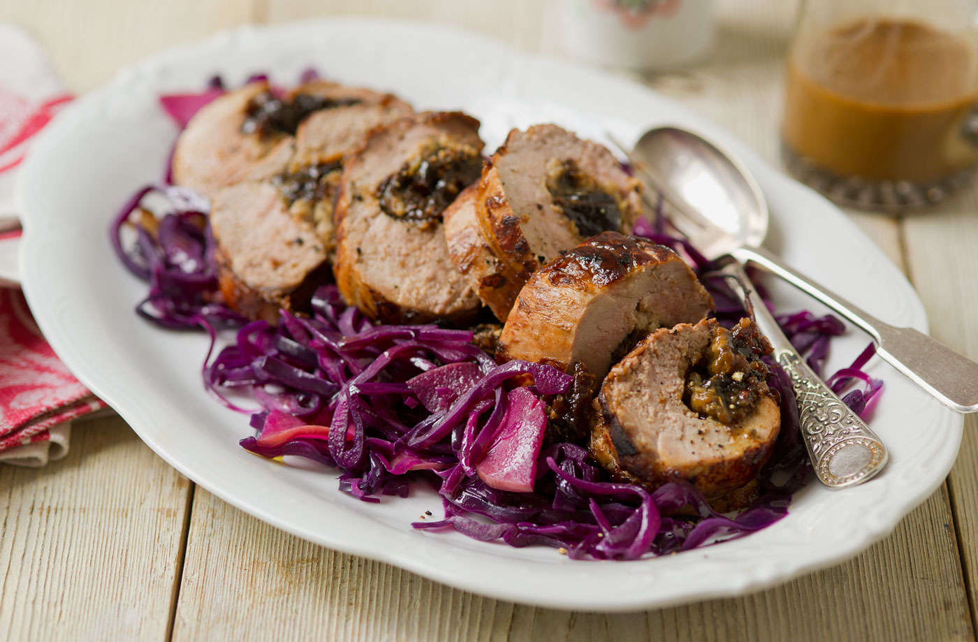 Prune-stuffed pork and red cabbage recipe