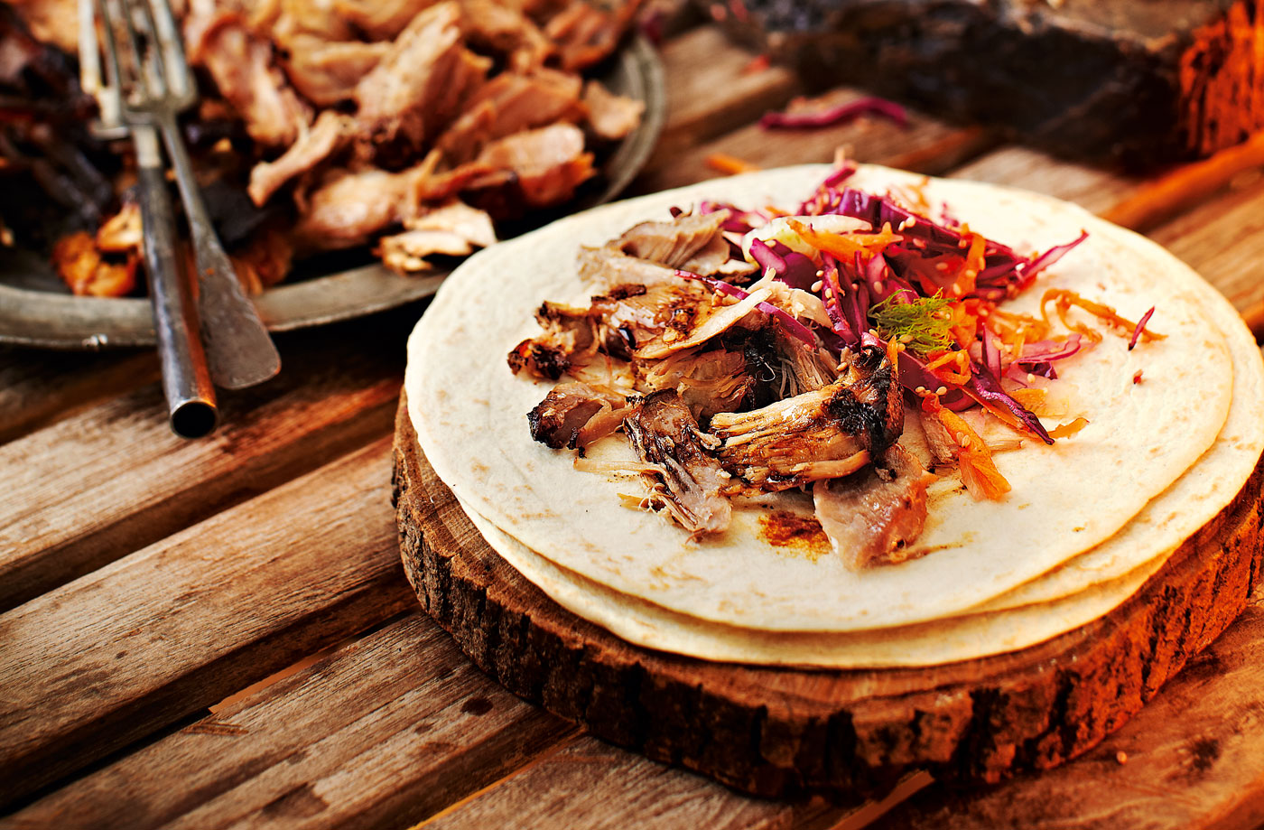 Sticky maple and mustard pulled pork wraps recipe