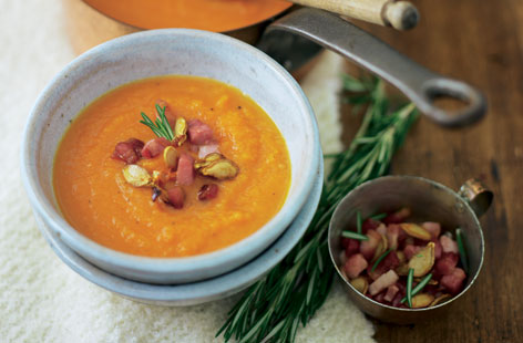 Try this silky pumpkin soup made with sweet pumpkin, smoky bacon, chicken stock and fresh rosemary sprigs.