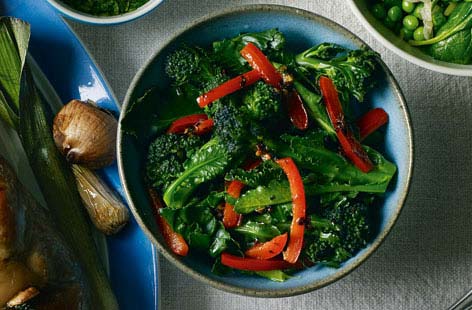 Purple sprouting broccoli with red pepper and chilli recipe
