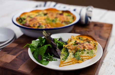 A tasty twist on the traditional quiche, layers of sweet potato replace the pastry crust and make for a lighter yet equally delicious alternative.