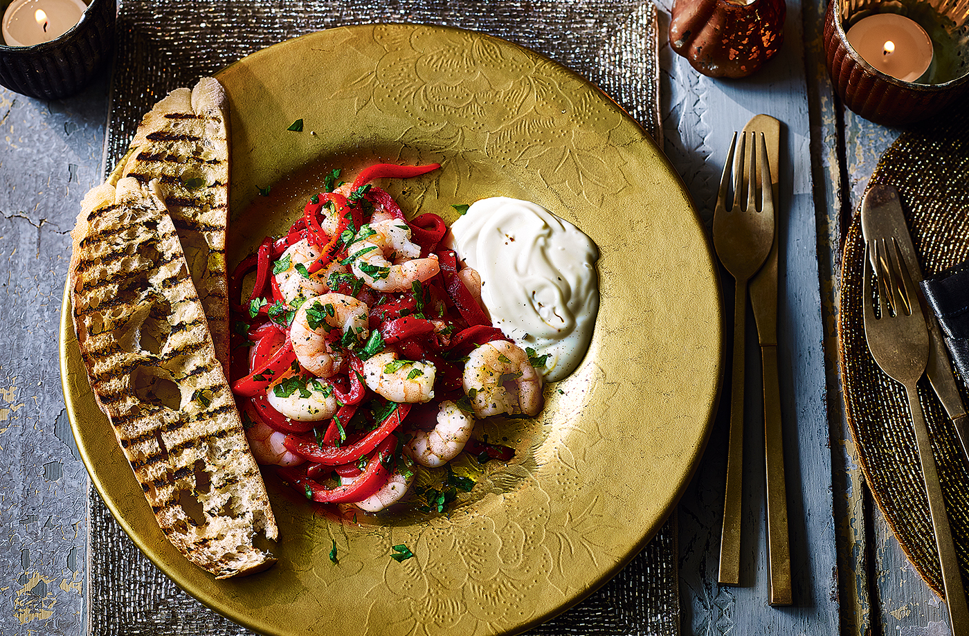 Prawns and red peppers with saffron mayo recipe