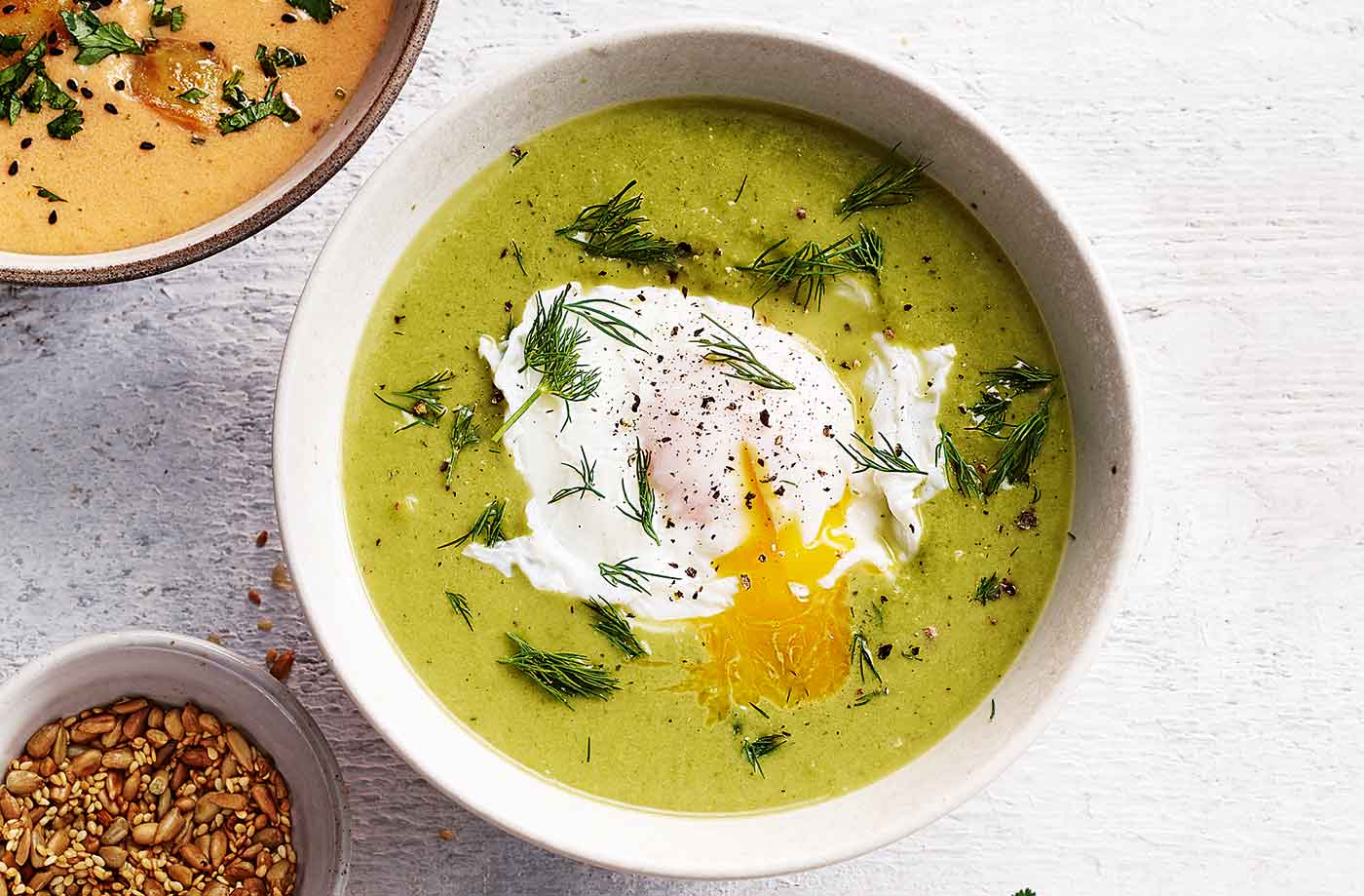 Pea and lettuce soup with poached eggs recipe