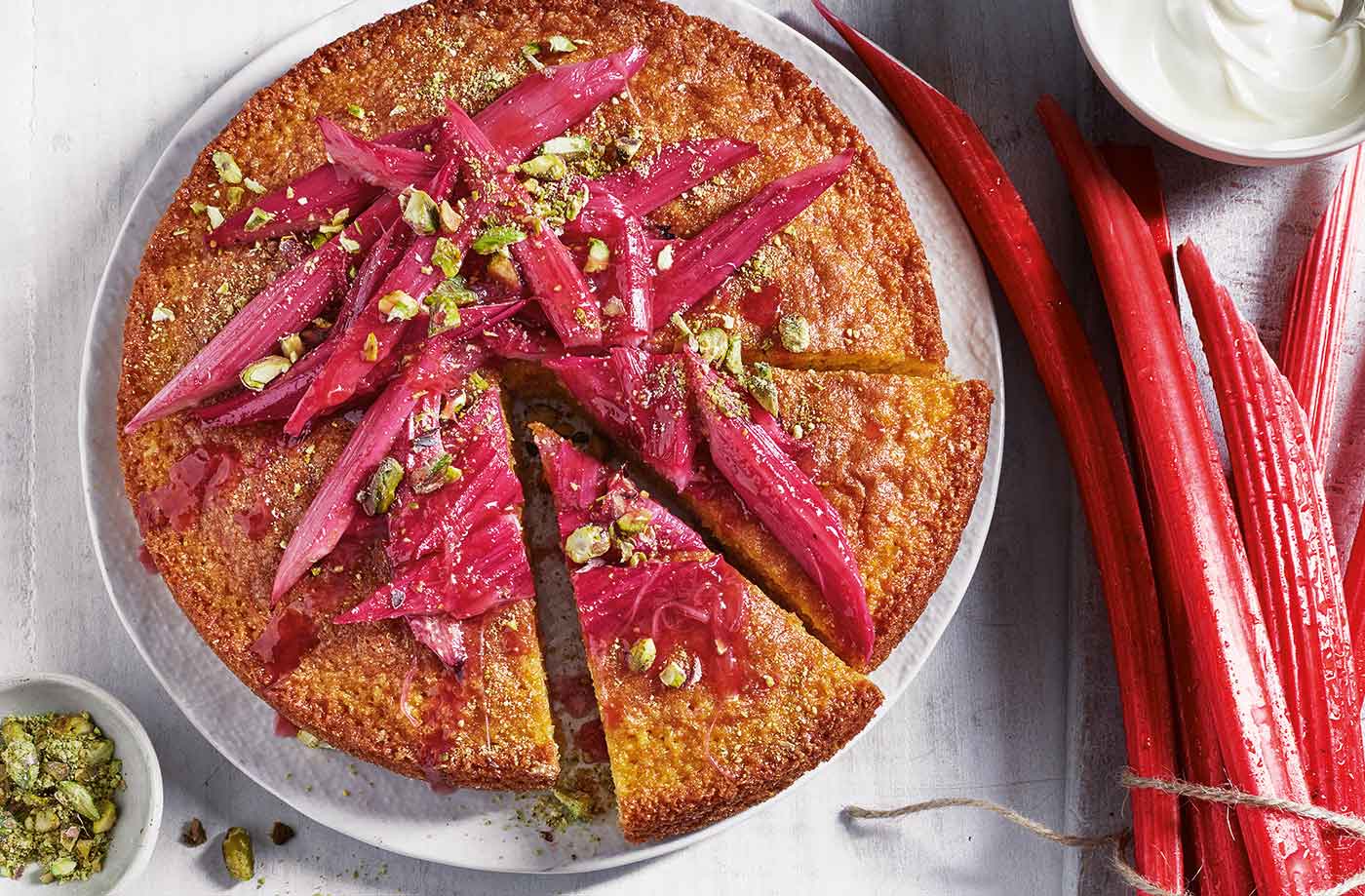 Warm orange cake with roasted rhubarb recipe