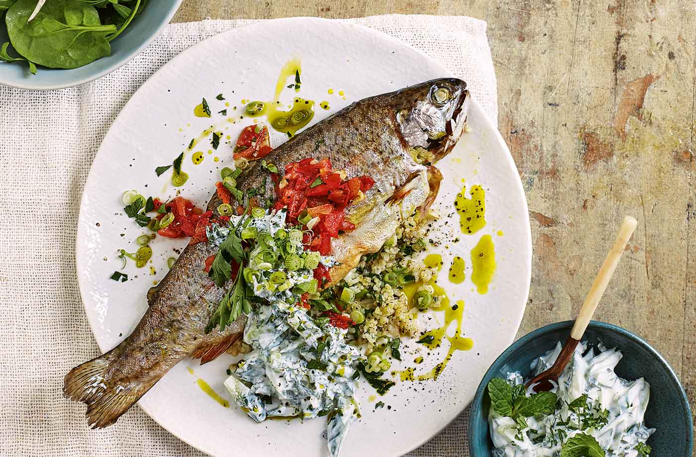 Stuffed trout with cucumber and mint yogurt recipe