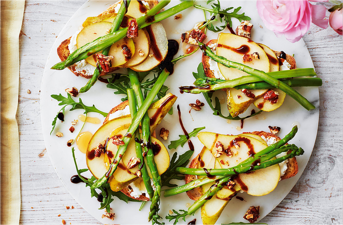 Asparagus, pear and ricotta tartines with candied pecans recipe