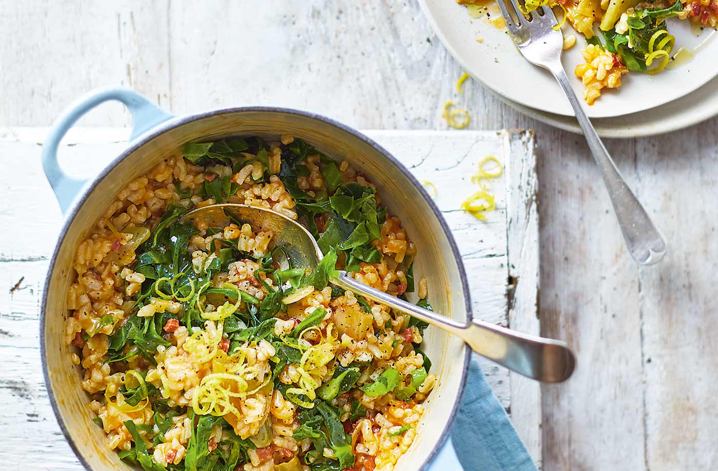 Baked chorizo and spring greens risotto recipe